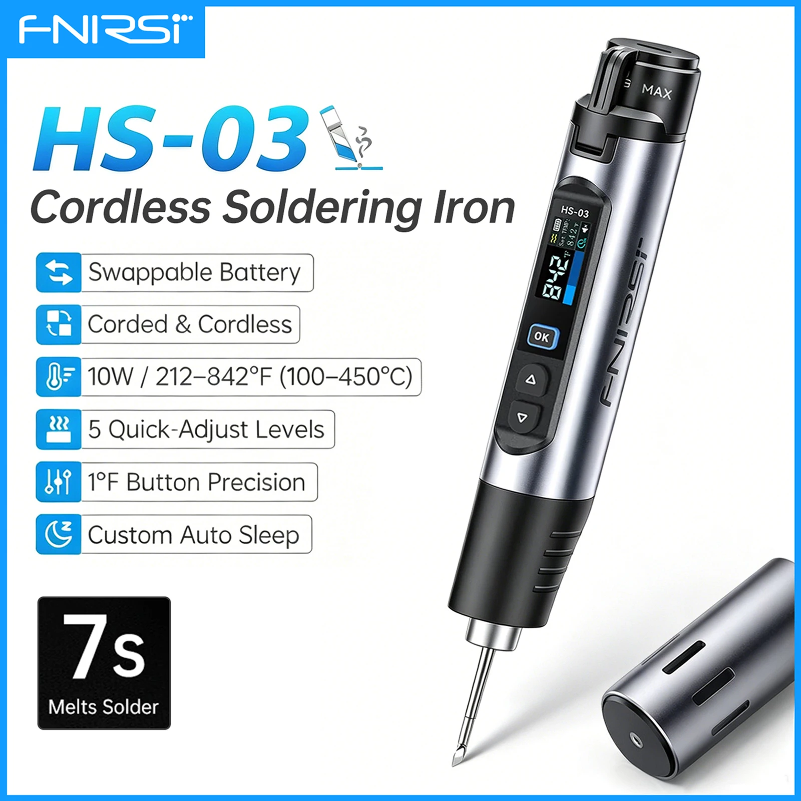 Фото Беспроводной паяльник FNIRSI HS-03 10W Type-C 100-450 ℃   Портативный паяльник с регулируемой температурой для ремонта и сварки №1