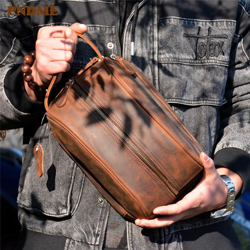 Vintage crazy horse cowhide men's clutch bag simple luxury natural genuine leather multi-functional wash bag travel storage bag