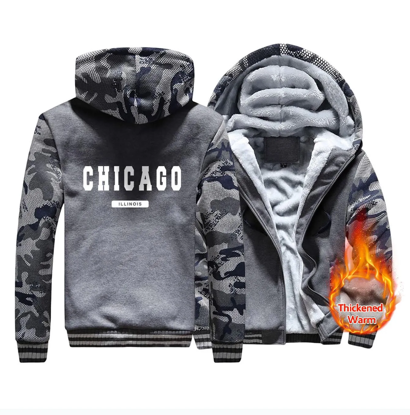 Chicago Illinois Letter Print Hoodie Man Thickened Zipper Casual Big Size Hooded Warm fur-liner Simple M-XXXXXL Tops