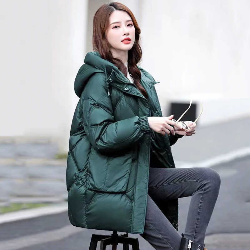 Loose Hooded Cotton Padded Thicken Parkas Solid Winter Snow Wear Warm Windproof Outwear Korean Glossy Long Sleeve Pockets Jacket