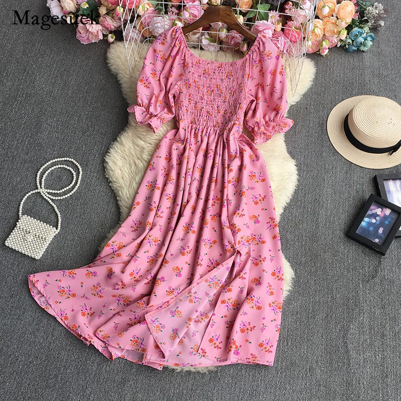 

Sweet O Neck Puff Sleeve Dress 2022 Summer Floral Short-sleeved Dress for Women Casual High Waist Green Dress Vvestidos 22049