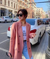 women solid colors double breasted mid length suit pink loose korean blazers 2021 spring autumn new fashion office lady blazer