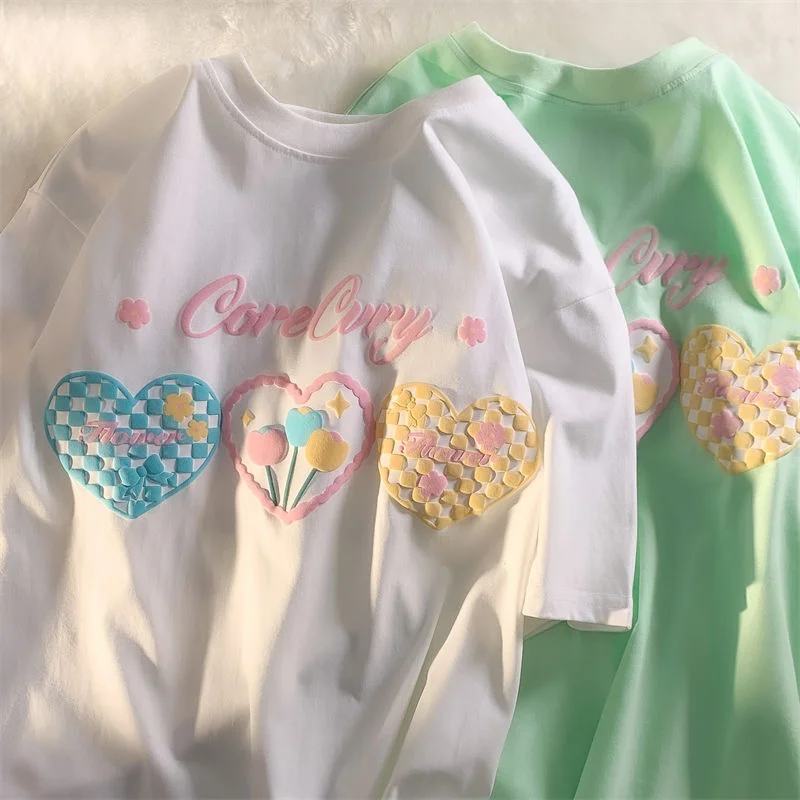 

100 Cotton T Shirt Summer Korean Aesthetic 3D Heart Printed Women Tshirt Sweet Cute Oversized Tee Short Sleeve Top Girls Teens