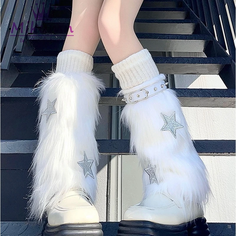 

Mikumn Harajuku Fashion White Furry Faux Fur Leg Warmer Socks Women Y2k Punk Cute Star Rivet Fluffy Plush Winter Warm Boot Cover