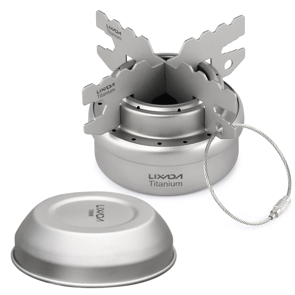 

Lixada Portable Mini Titanium Alcohol Stove with Lid Cross Stove Stand Rack Outdoor Camping Hiking Cooking Alcohol Stove