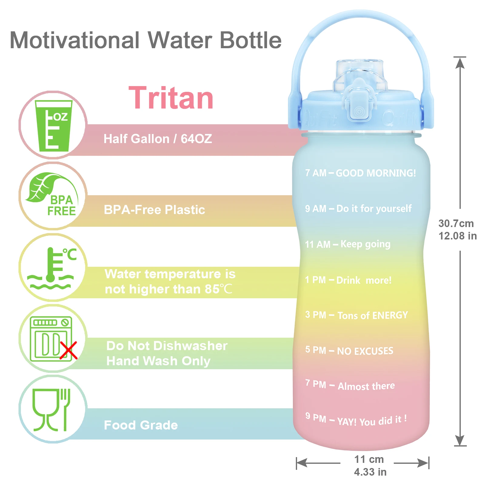 quifit 2l 64oz 3 8l 128oz motivational water bottle with time marker flip flop bpa free portable sports phone stand gym jug free global shipping