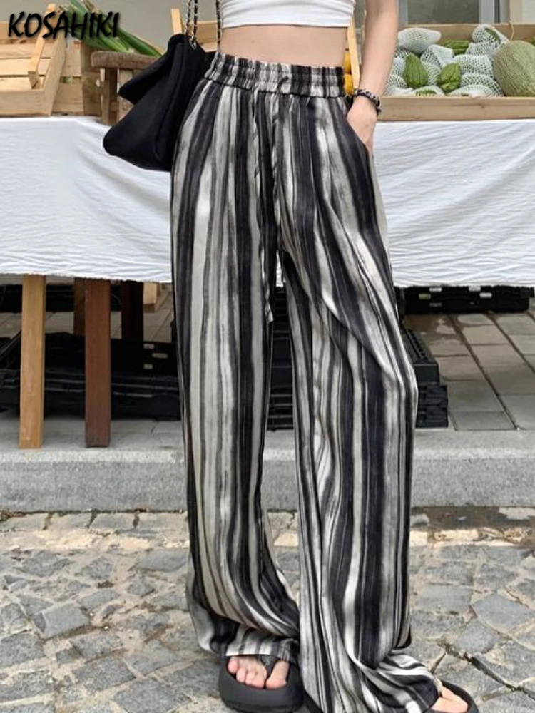 

Женские винтажные широкие брюки Y2k, Модные Полосатые брюки с завышенной талией и шнуровкой, Свободные повседневные штаны
