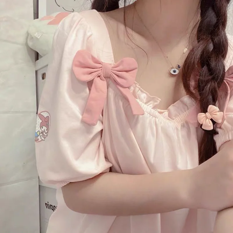 

Sanrio Kawaii My Melody Nightdress Student Cartoon Summer Breathable Home Service Sweet Princess Wind Short Sleeved Nightdress