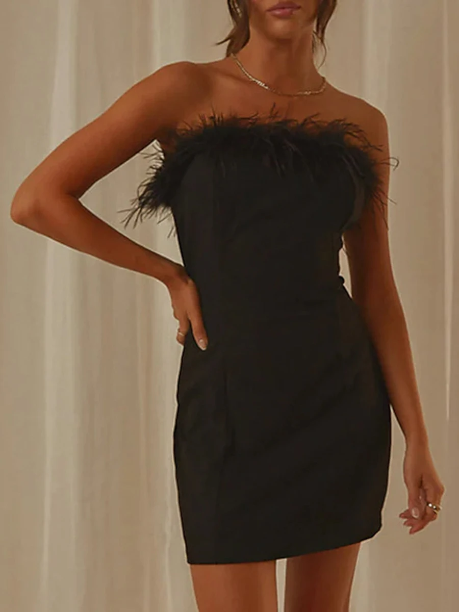 

fashion vintage womens Elegant Furry Trim Tube Top Strapless Wrap Mini Dress Party Evening Outfit sexy girls tight clothes