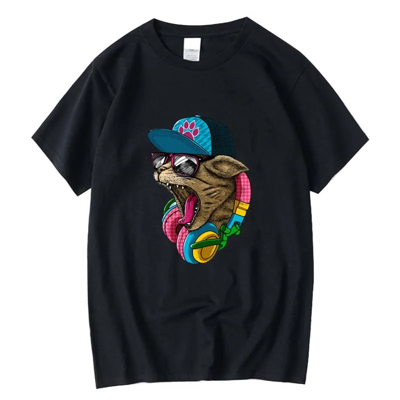 

Men's top quality 100% cotton t shirt Interesting DJ cat printed men T shirt casual o-neck knitted men's T-shirt tops tee shirts