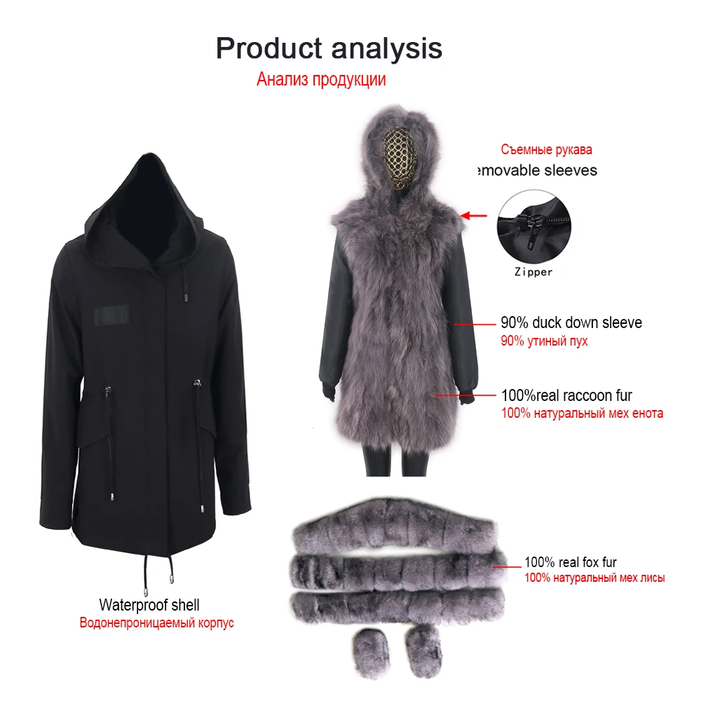 2022 Fashion Big Fur Outerwear Detachable Winter Jacket Women Real Fur Liner Natural Real Silve Fur Collar Loose Long Parkas