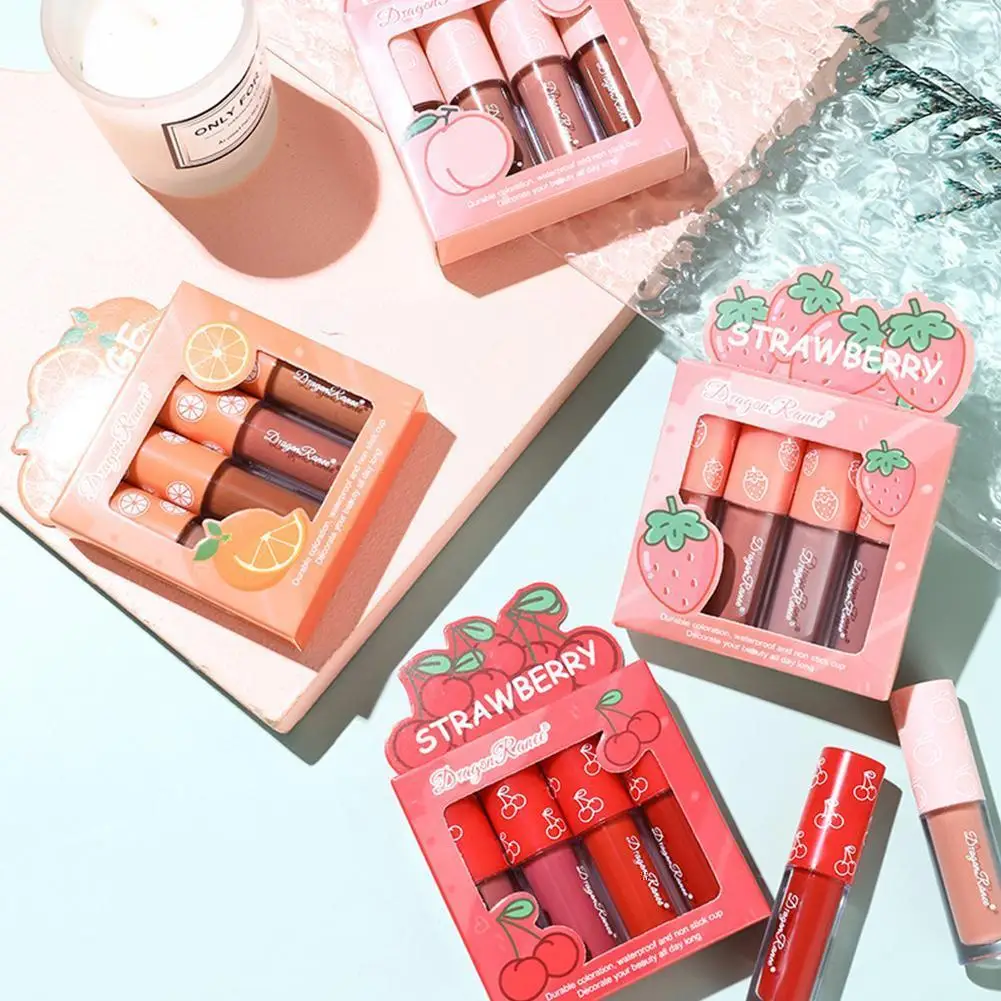 

Четыре мини-набора женского макияжа бархатная матовая глазурная помада выцветает с фруктами набор блеска антипригарный Макияж для губ не м...