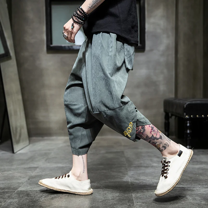 

Summer harajuku harem pants men calf-length wide leg trousers streetwear casual sweatpants vintage cotton men's pants