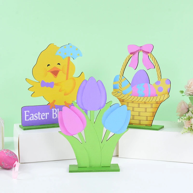 

Easter Bunny Ornament Wooden Handicrafts Rabbit Chick Painted 3D Three-dimensional Desktop Decoration Easter Happy Party Supply