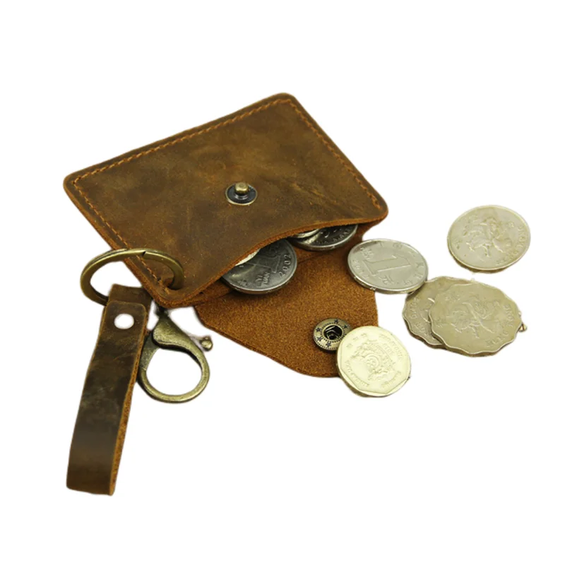 Small Vintage Coin Bag Crazy Horse Leather Men's Card Holder with Buckle Portable Genuine Leather Key Holder