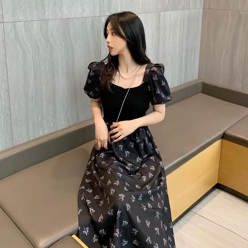 

New Summer Women Hot Dress French Elegant V-neck Puff Short Sleeves Office Lady Dress Feminine Floral High Waist Femal Vestidos