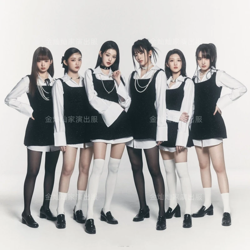 

Танцевальное платье Kpop Girl Group Jazz, сексуальное черное блестящее платье на бретельках, одежда для музыкального фестиваля, одежда для вечеринки, белая блузка, Одежда для танцев, сценический наряд