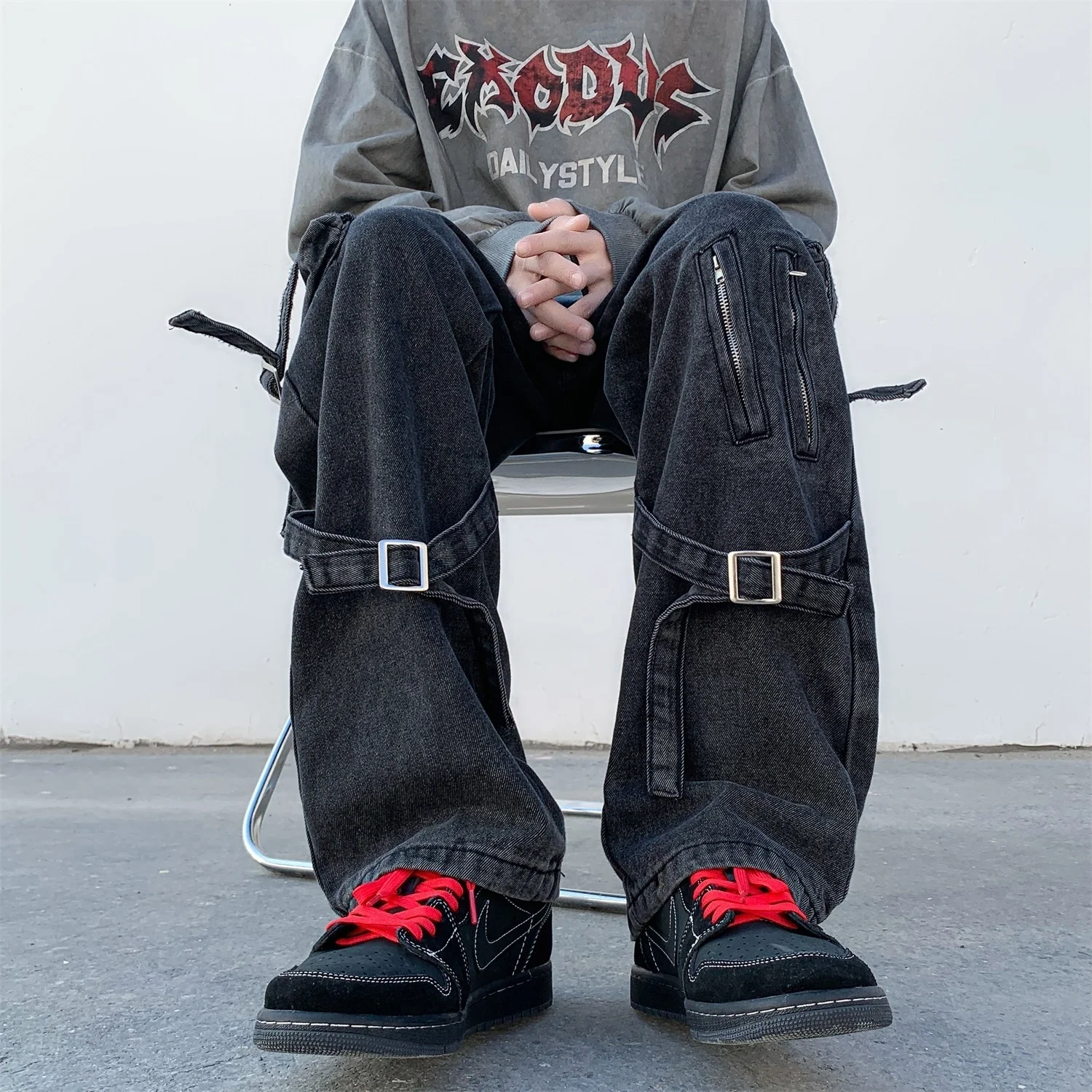 American High Street Vintage Men's Jeans Large Pocket Cargo Pants Wide Leg Loose Denim Pant Hip Hop Y2k Male Streetwear Trousers