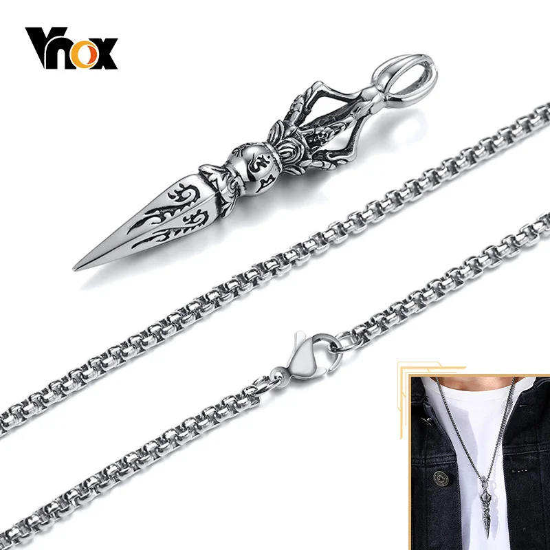 

Vnox Punk Stainless Steel Tibetan Buddhist Protection Necklaces for Men, Vajra Dagger Patron Saint Amulet Pendant Prayer Jewelry