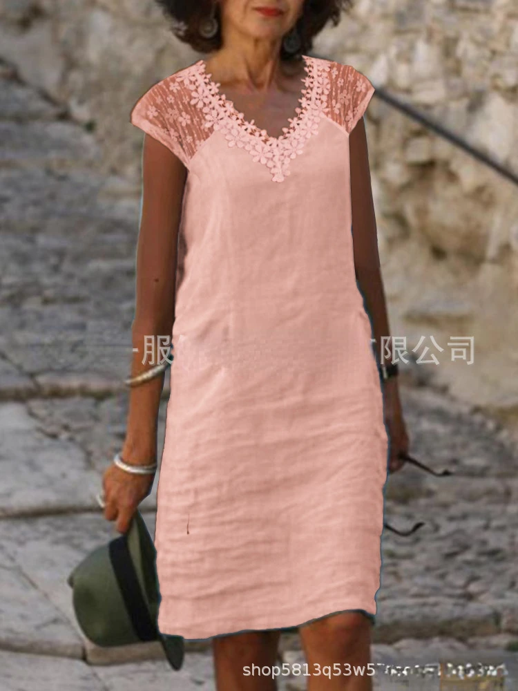 

Summer Dress Solid Lace Splice Fashion Casual Straight Sleeve Elegant Waist V-Neck Sleeveless Dress Vestidos De Verano Mujer New