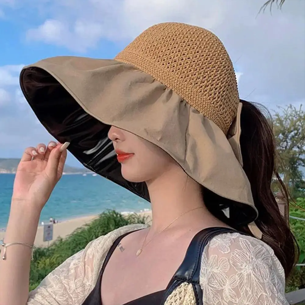 

Bow Sun Hat For Woman Large Brim Foldable Sunscreen Anti UV Fisherman Breathable.Hat Empty Top Beach Female Hat 56-58CM Cap