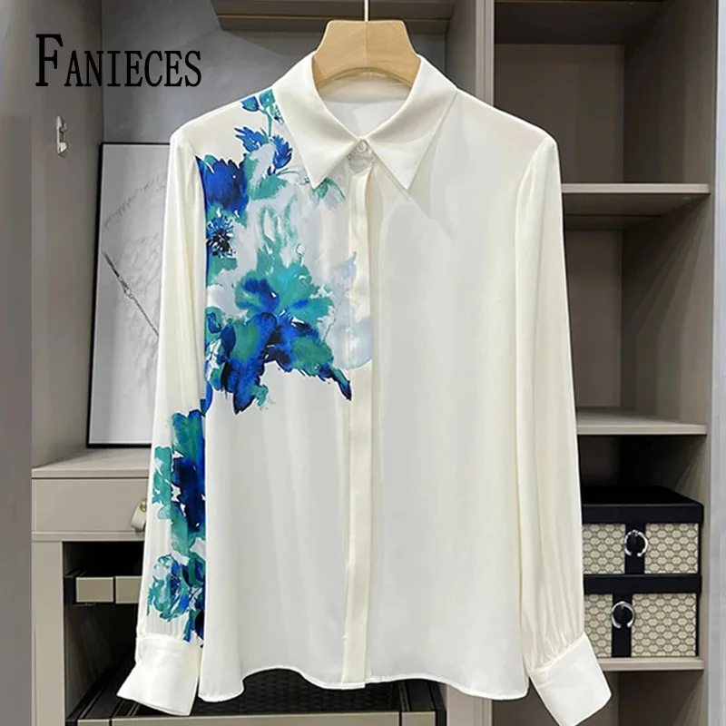 

FANIECES Blue Flower Print Women White Shirt Long Sleeve Blouses Elegant Office Ladies Tops Casual Streetwear blusas para mujer