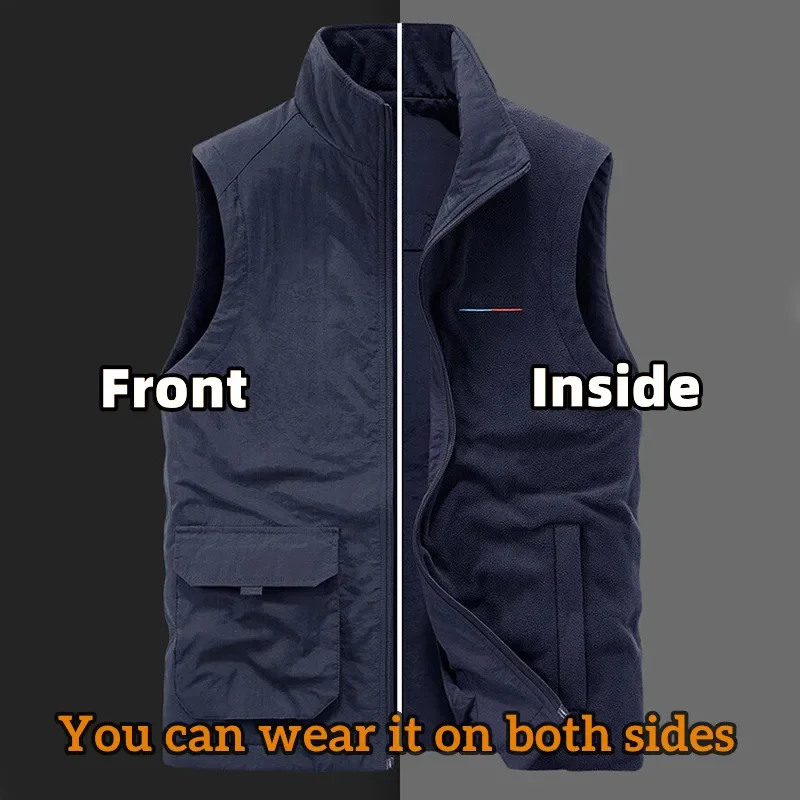 2023 Мужской флисовый жилет Зимняя уличная Двусторонняя одежда ветрозащитный