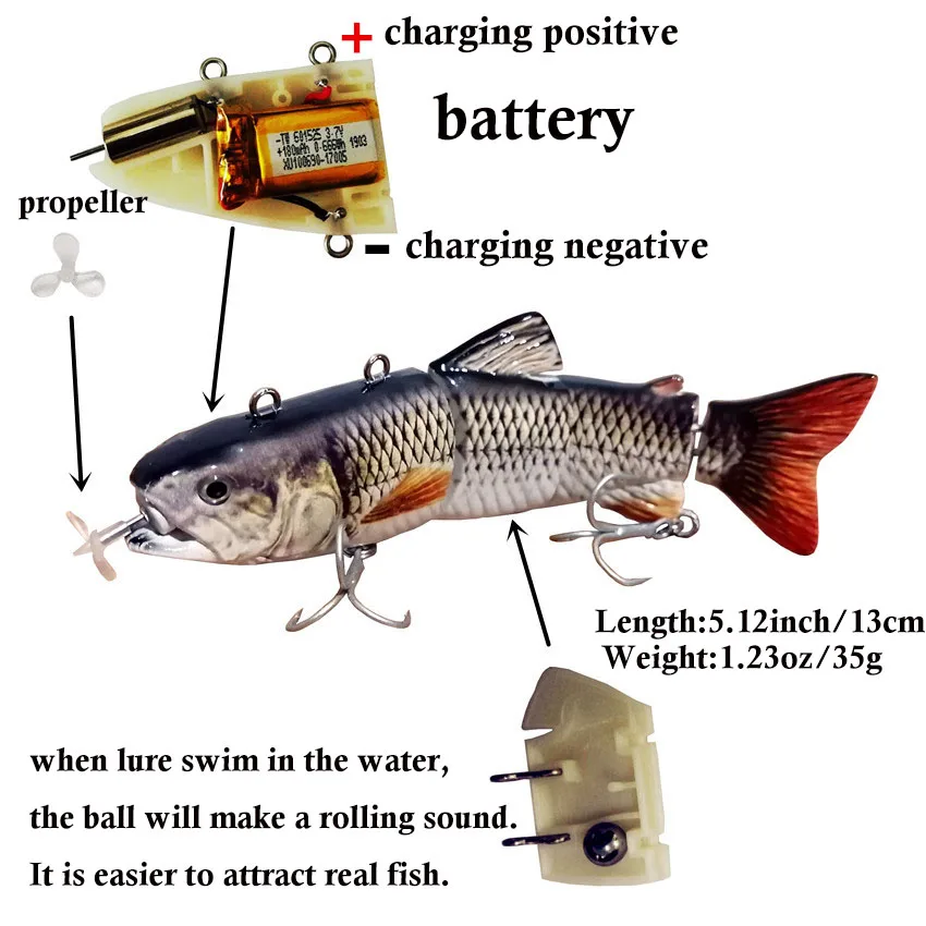 5.12inch/5.3inch  Electric Fishing Lure USB Charging Bait 4Section Swimbait Crankbait  Pesca Tackle Vivid Fish