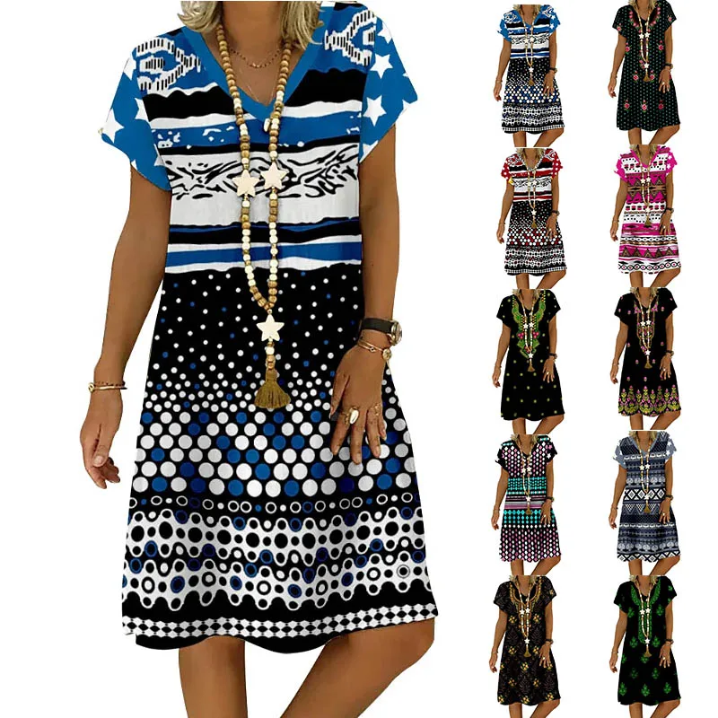 

Женское платье с V-образным вырезом, летнее платье до колен с геометрическим принтом и коротким рукавом, новое клетчатое цельнокроеное плат...