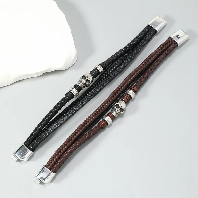 Многослойный кожаный браслет из нержавеющей стали мужские браслеты с черепом