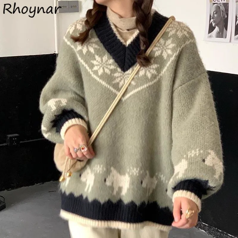 

Print Sweater Pullovers Sweet Knitwear Baggy V-neck Vintage Panelled Designer Aesthetics Preppy Girlish Temper Pull Femme Cozy