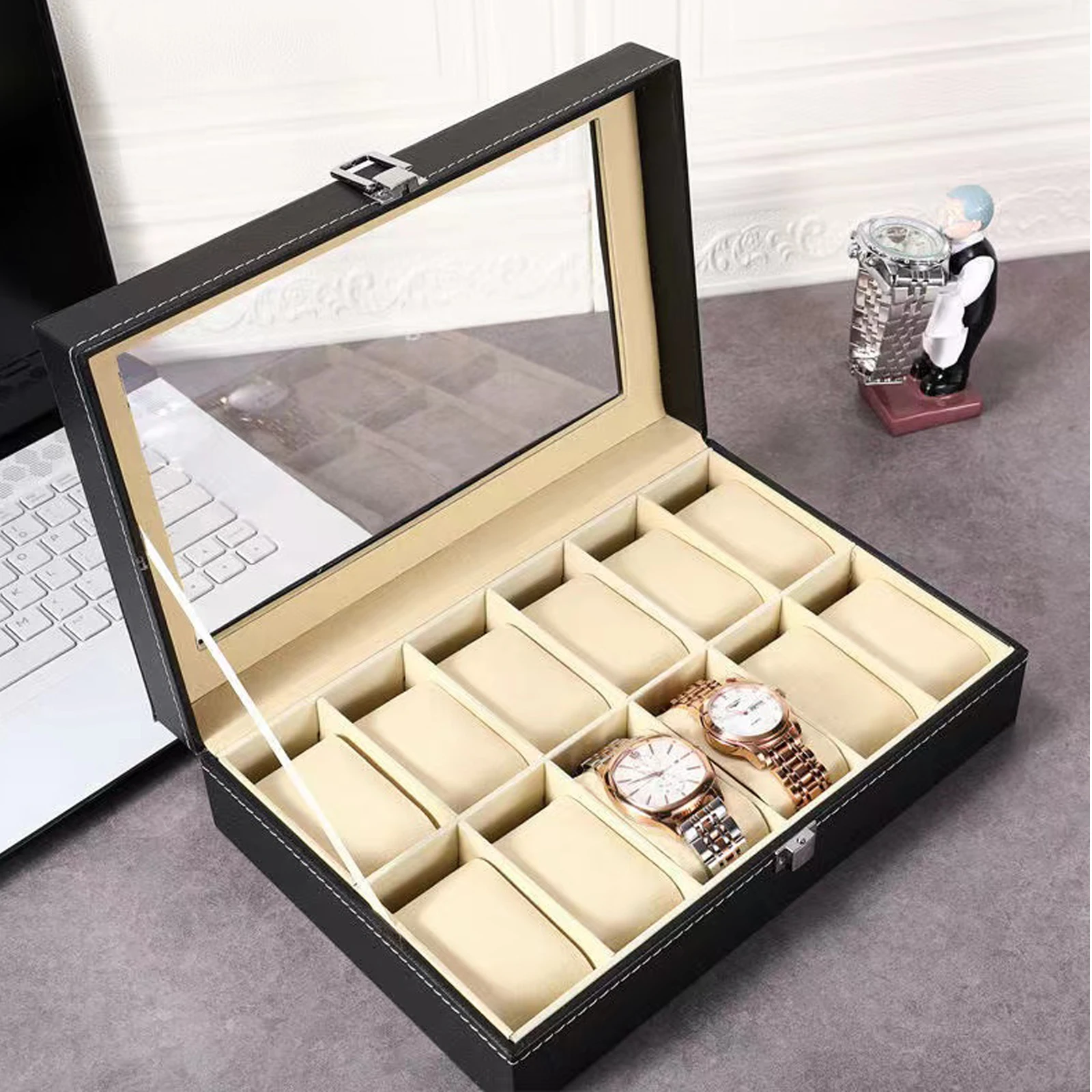Lnofxas Watch Box, 12-Slot Watch Case with Large Glass Lid, Removable Watch Pillows, Watch Box Organizer, Gift for Loved Ones