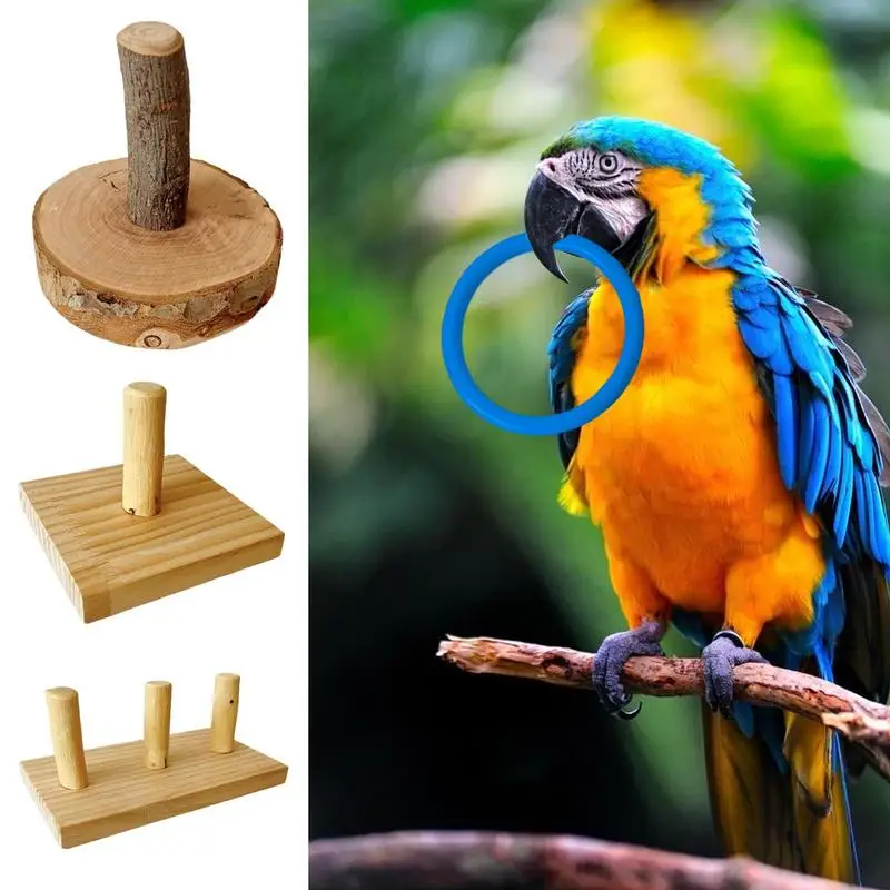 

Bird Training Toys Set Wooden Block Puzzle Parrots Toys With Rings Colorful Plastic Rings Intelligence Training Chew Toy