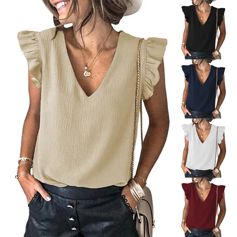 

European and American women's clothing 2022 summer new casual T-shirt solid color V-neck pullover ruffle sleeve top women