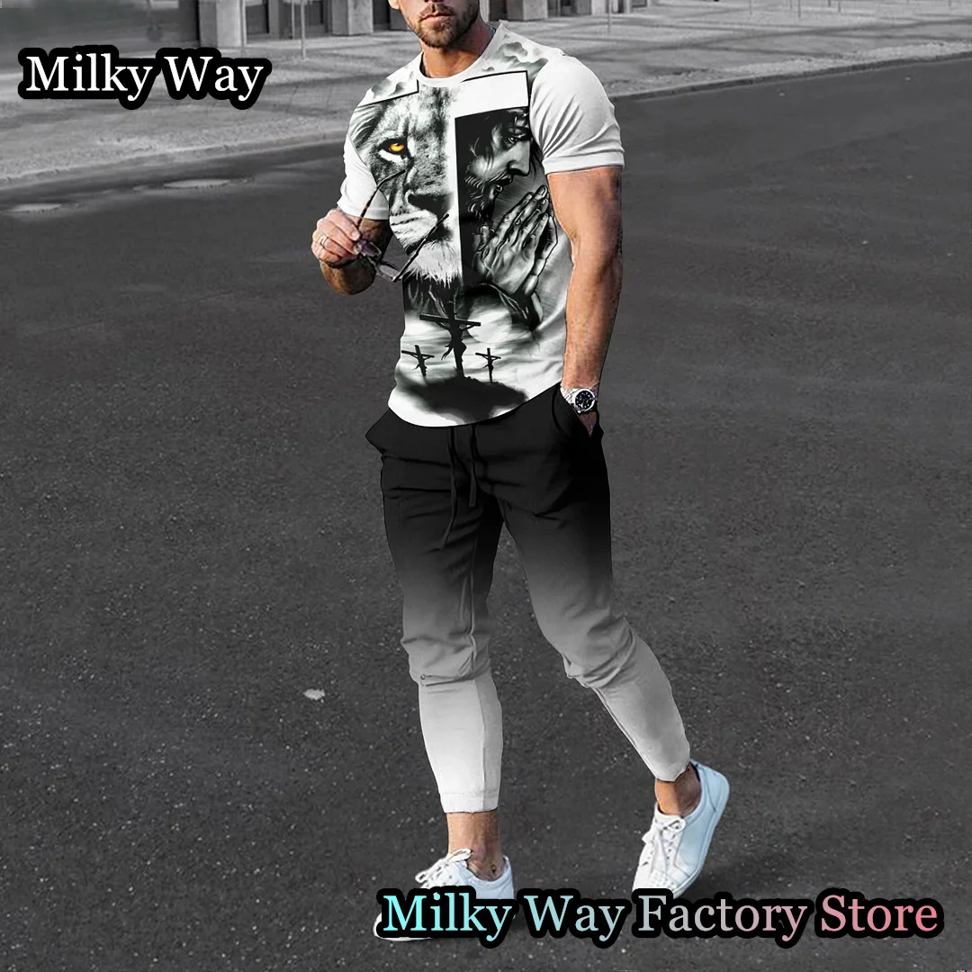 Summer Men Tracksuit 2 Pieces Lion King Printing T-Shirt Trousers Set Casual Jogging Suit Fashion Outfit Male Animal Streetwear