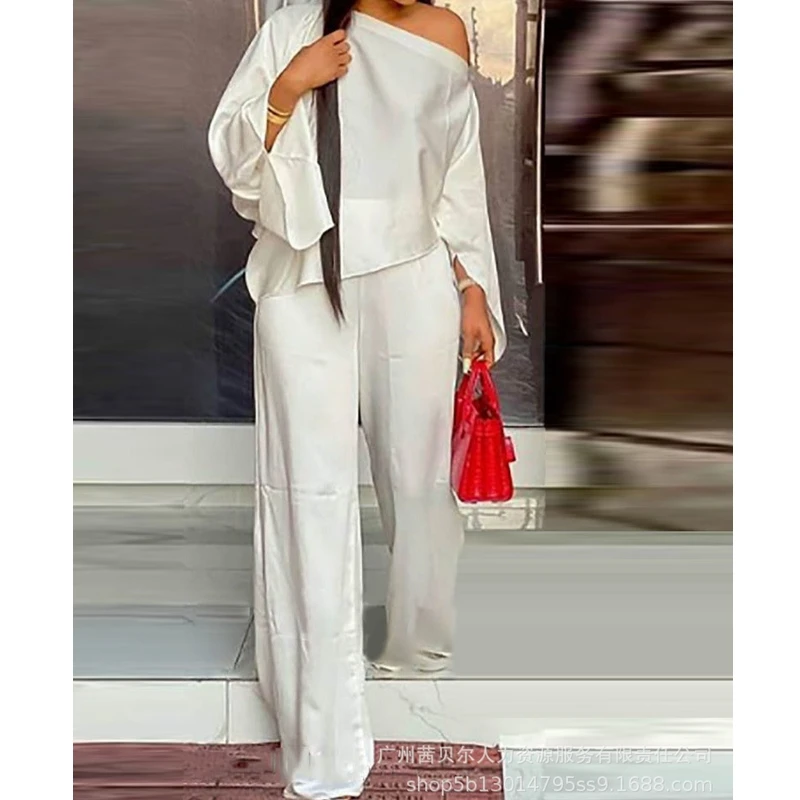 

Fashion Cotton Long Sleeve One Shoulder Shirt Wide Leg Pants Suit Set Streetwear Women Casual Tacksuit Loose Outfits Elegant