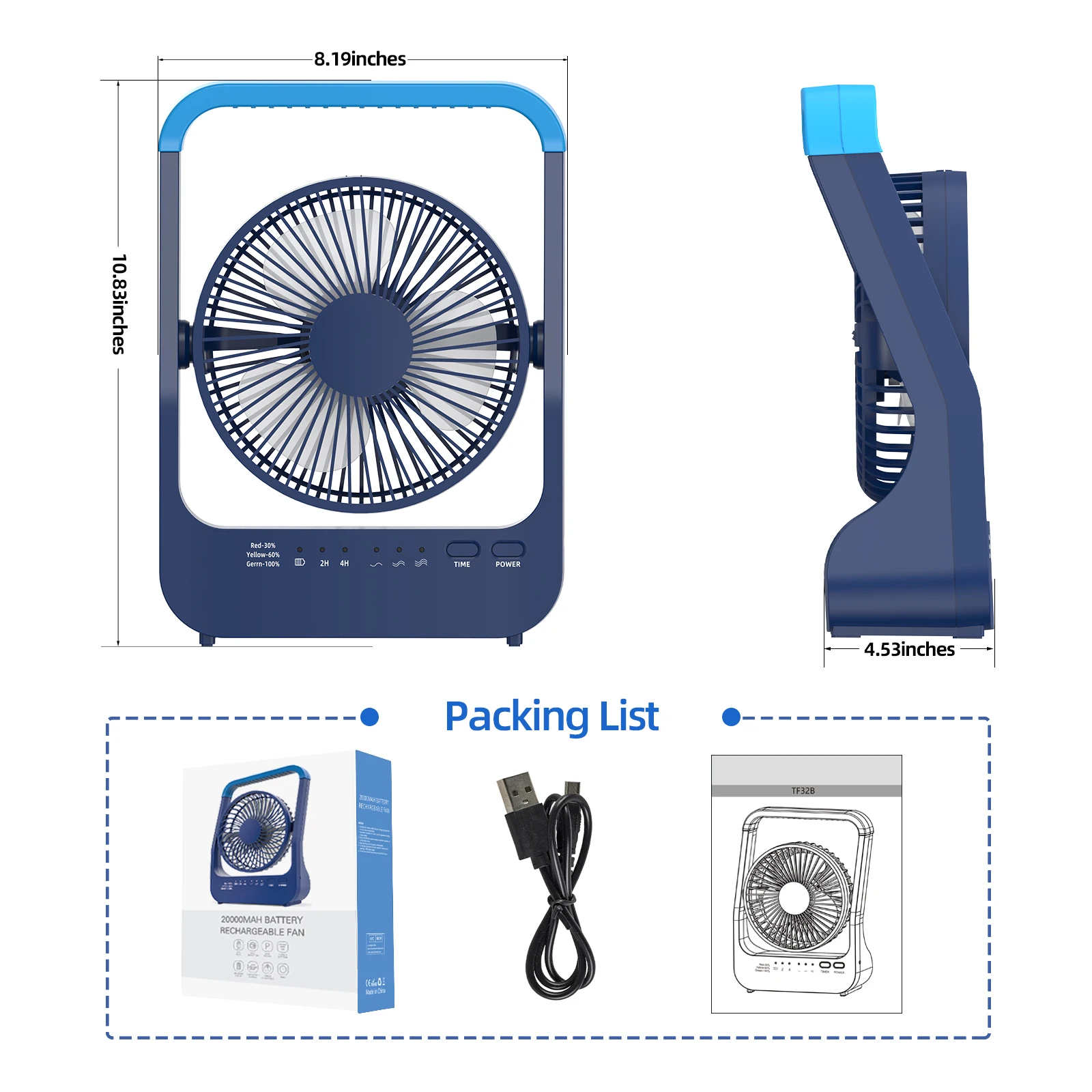 ATENGE 20000 мАч 6-дюймовый настольный вентилятор с перезаряжаемой батареей