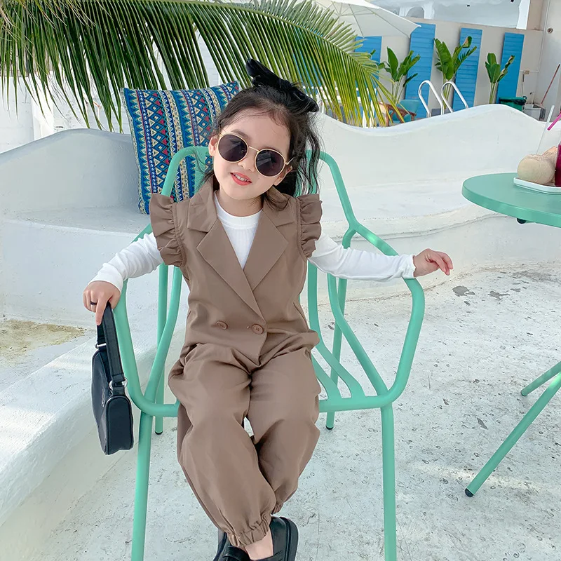 

Girls' spring and autumn Korean new leisure suit 2022 Korean lace sleeve vest pants three piece suit fashion 3-186