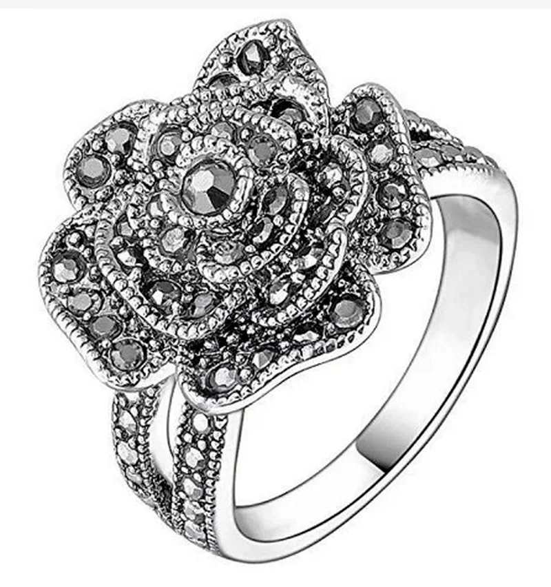 

Popular Creative Black Rose Flower Inlaid Crystal Zirconium Silver Color Alloy Female Ring for Women Party Jewelry Accessories
