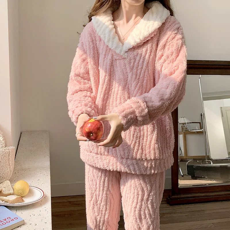 Утолщенная фланелевая женская пижама комплект из 2 предметов Пижамный костюм для