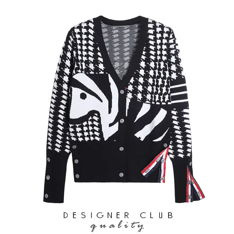 

TB knitted cardigan women's autumn and winter houndstooth color matching loose v-neck sweater long-sleeved coat