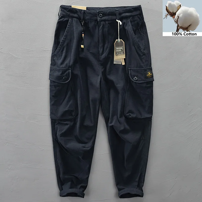 

100% Cotton Cargo Pants Men Fashion Beaded Design 2022 New Blue Casual Overalls Men Baggy Pants Men Streetwear Male