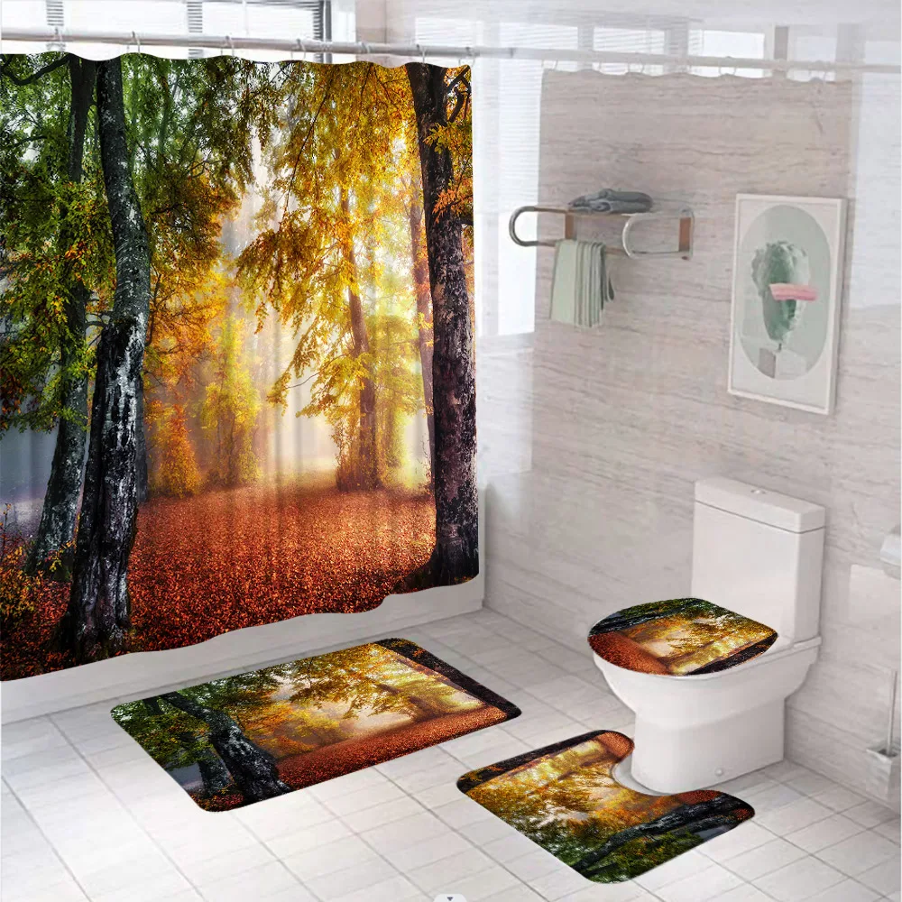 

4Pcs Maple Tree Red Fallen Leaves Bathroom Shower Curtain Set 3D Misty Forest Autumn Natural Scenery Bath Mat Toilet Rug Carpet