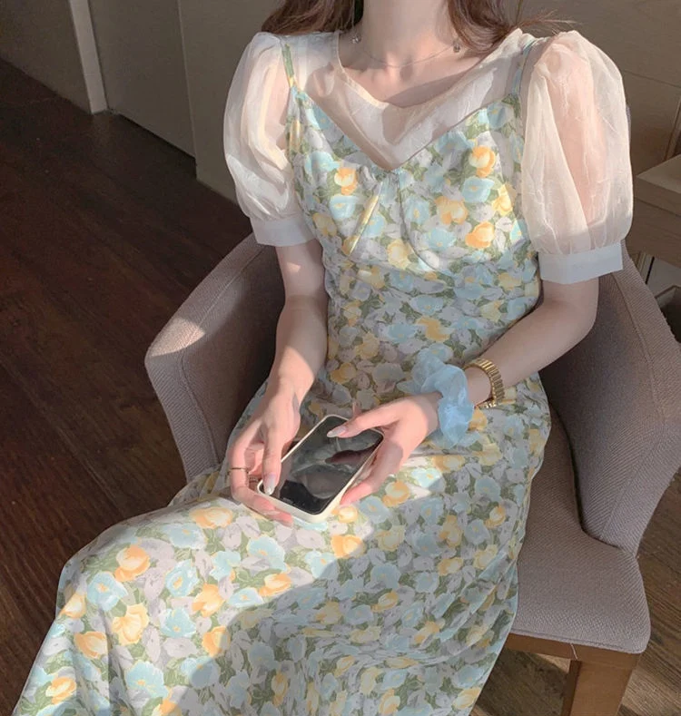 

Niggeey Elegant Floral Chiffon Dress Women Puff Sleeve Casual Two-piece Dress Summer Korean Fashion Midi Dress Vestido