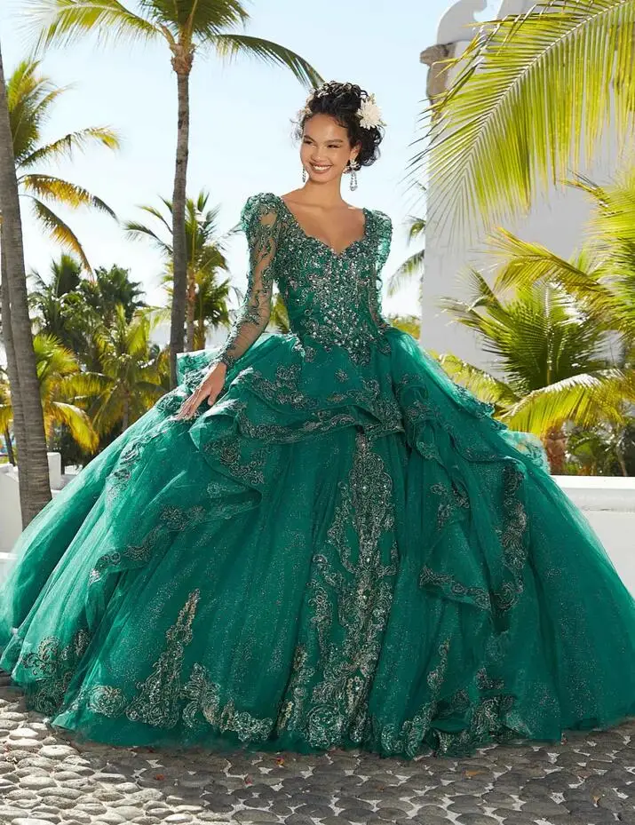 

Burgundy Flounced Glitter Embroidered Quinceañera Dresses with Illusion Long Sleeve Gillter Applique Vestido d 15 años
