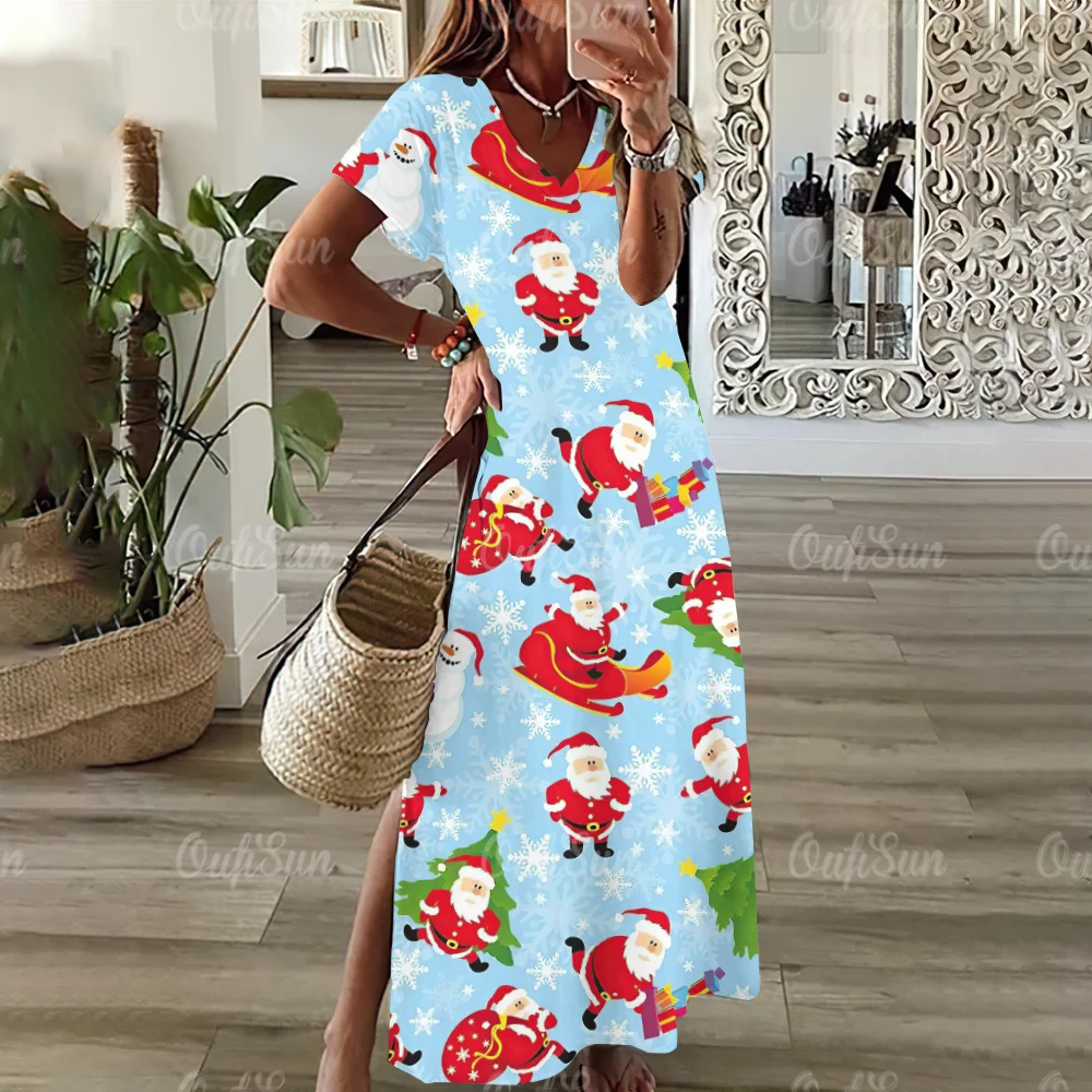 

Женский хлопковый Халат с принтом Санта-Клауса с коротким рукавом, повседневное свободное платье для девочек с V-образным вырезом, летняя одежда, новинка, топ Y2K 2024