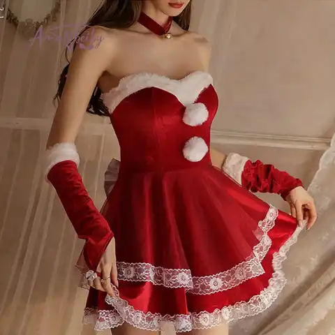 Новогоднее бархатное платье в виде кролика, Санта-Клауса, Красный Рождественский Женский костюм в виде зайчика, Сексуальная Лолита, пижама, ...