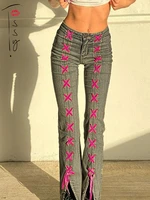 tossy womens jeans pink bandage wash hip hop denim pants bottom slit out slim patchwork flaretrousers casual streetwear y2k