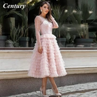 fashion prom gown long sleeves pink pearl prom dress custom made scoop formal wedding party dress ruffled tea length party gown
