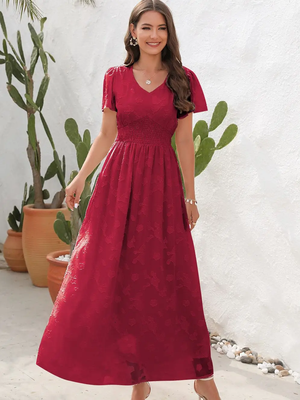 

Женское однотонное платье из полиэстера, жаккардовое длинное платье с V-образным вырезом и летающим рукавом, повседневные платья Traf для женщин, весна-лето 2023